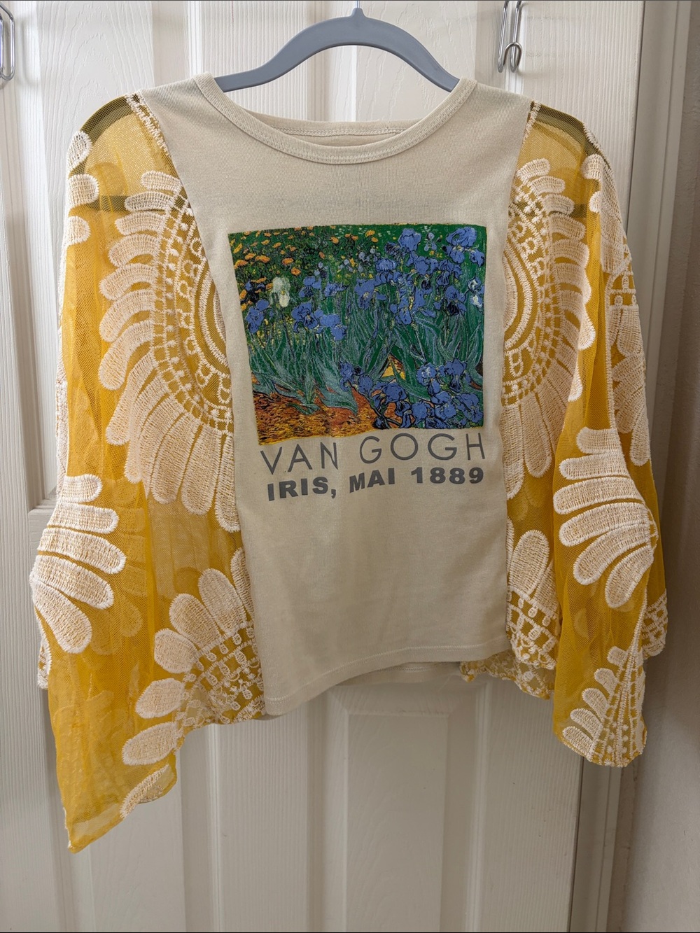 Van Gogh Iris Graphic Tee with Yellow Lace Kimono Overlay